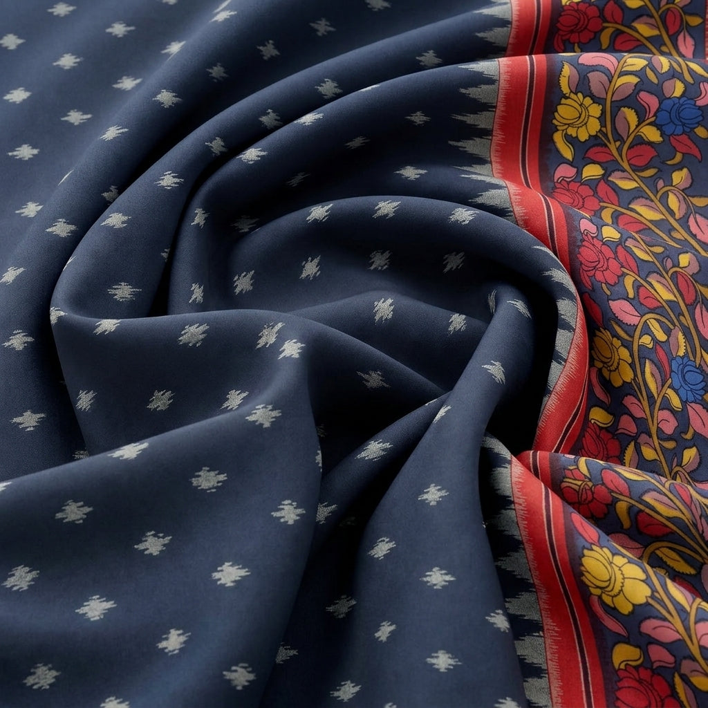 Swirled Black Ikat Cotton Fabric Showing Border and Drape