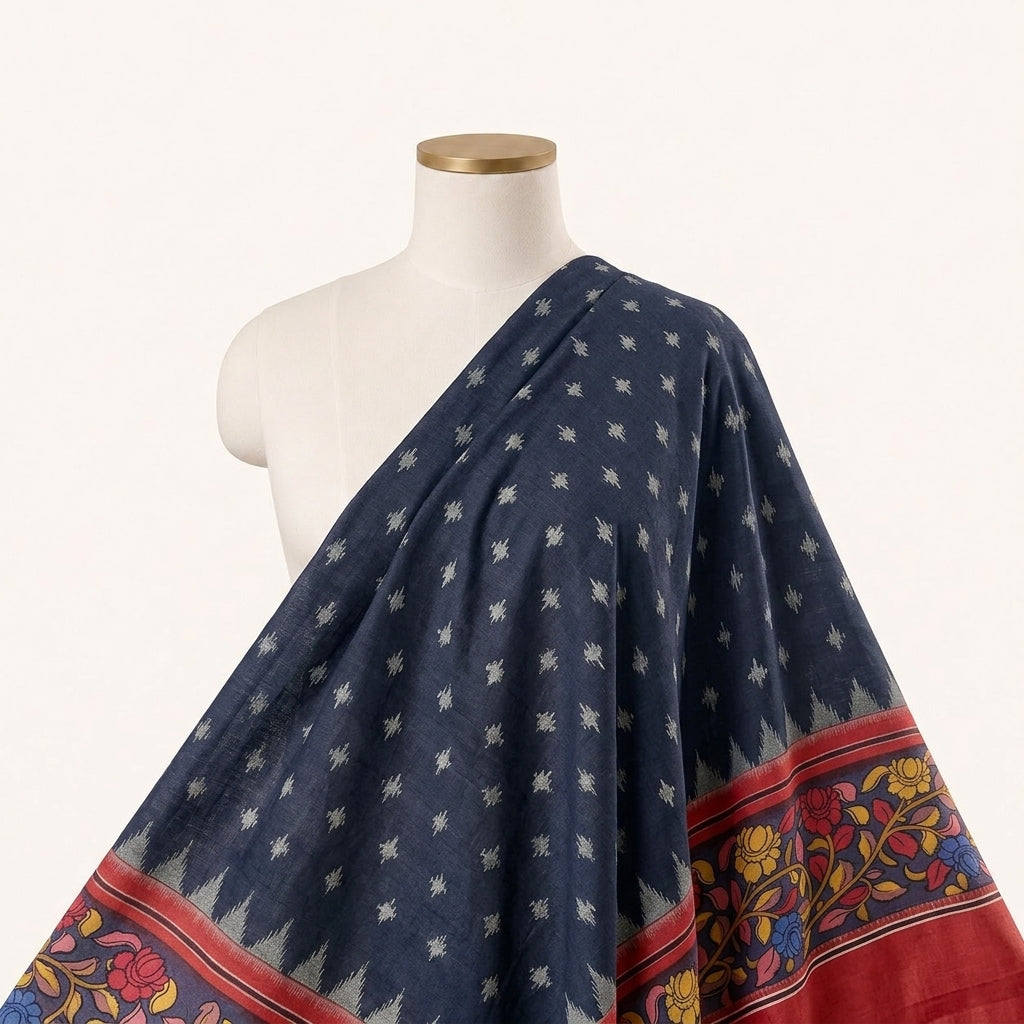 Black Ikat Cotton Fabric, draped as a saree