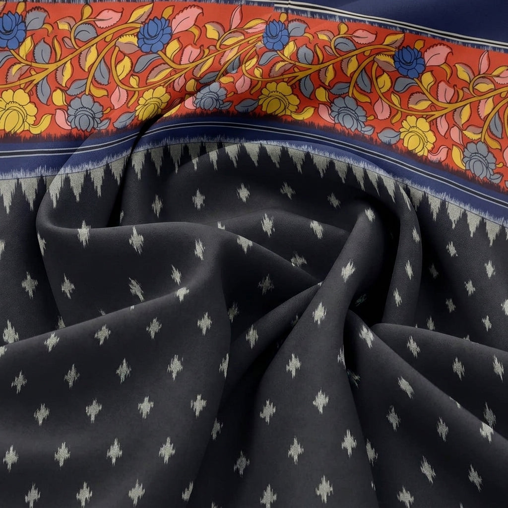 Swirled Black Ikat Cotton Fabric Showing Border and Drape