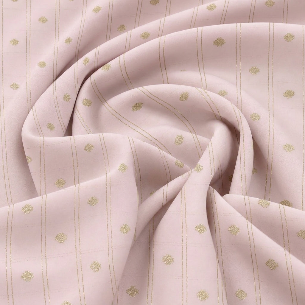 Swirled Baby Pink Checked Semi Banaras Fabric Showing Zari Butta and Drape