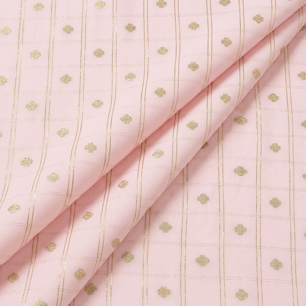 Folded Baby Pink Checked Semi Banaras Fabric