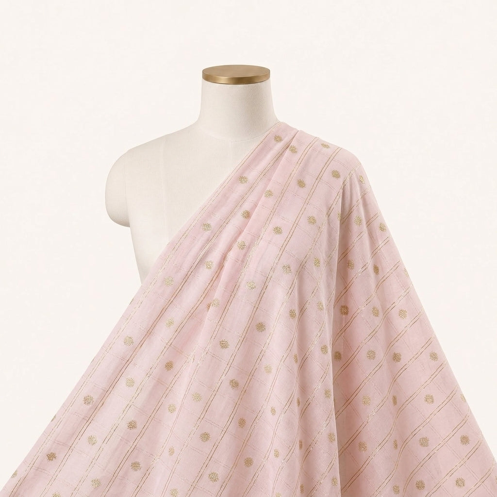 Baby Pink Checked Semi Banaras Fabric Draped as a saree