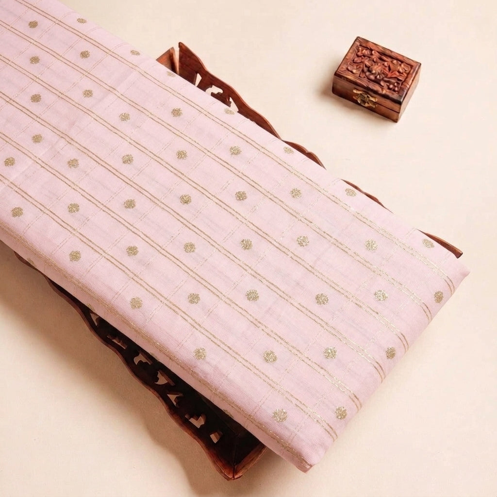 Folded Baby Pink Checked Semi Banaras Fabric Highlighting Zari Butta and Texture