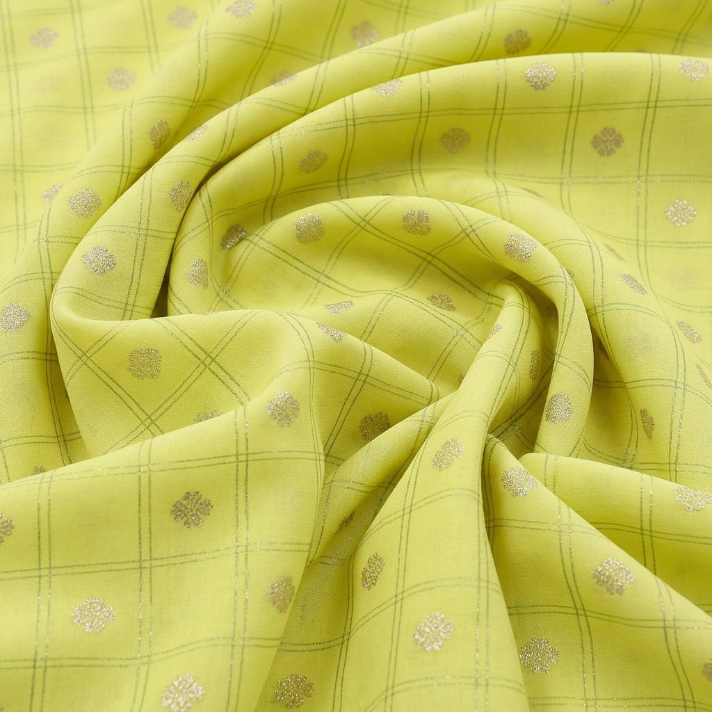 Swirled Light Yellow Checked Semi Banaras Fabric Showing Zari Butta and Drape