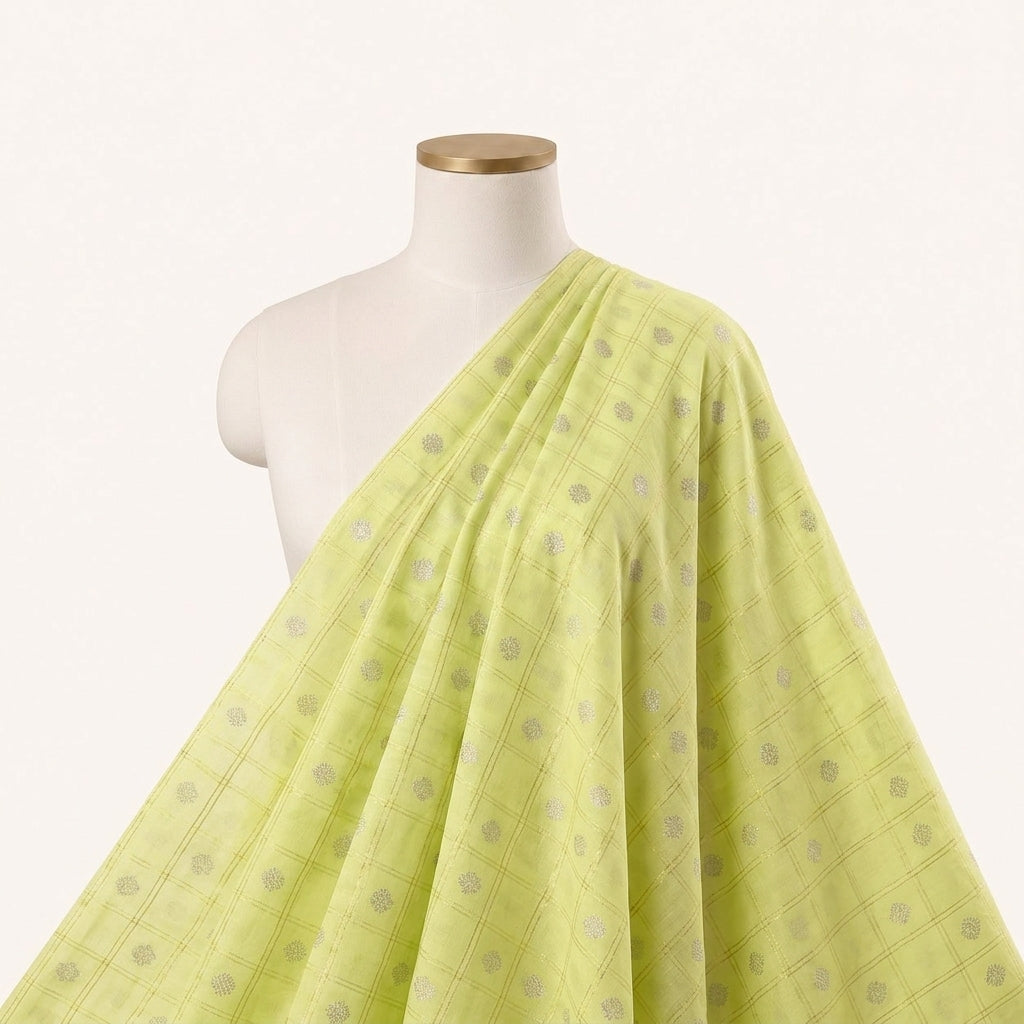 Light Yellow Checked Semi Banaras Fabric Draped as a saree