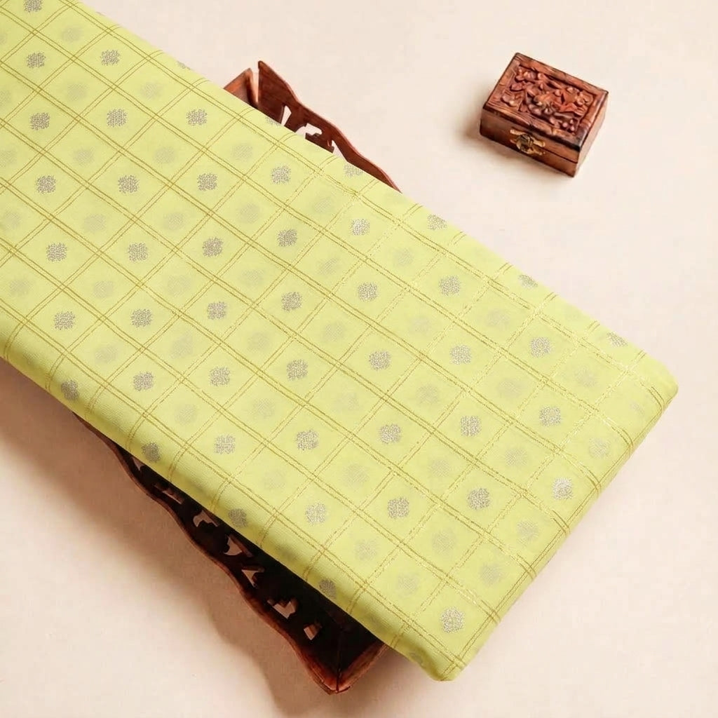 Light Yellow Checked Semi Banaras Fabric, folded