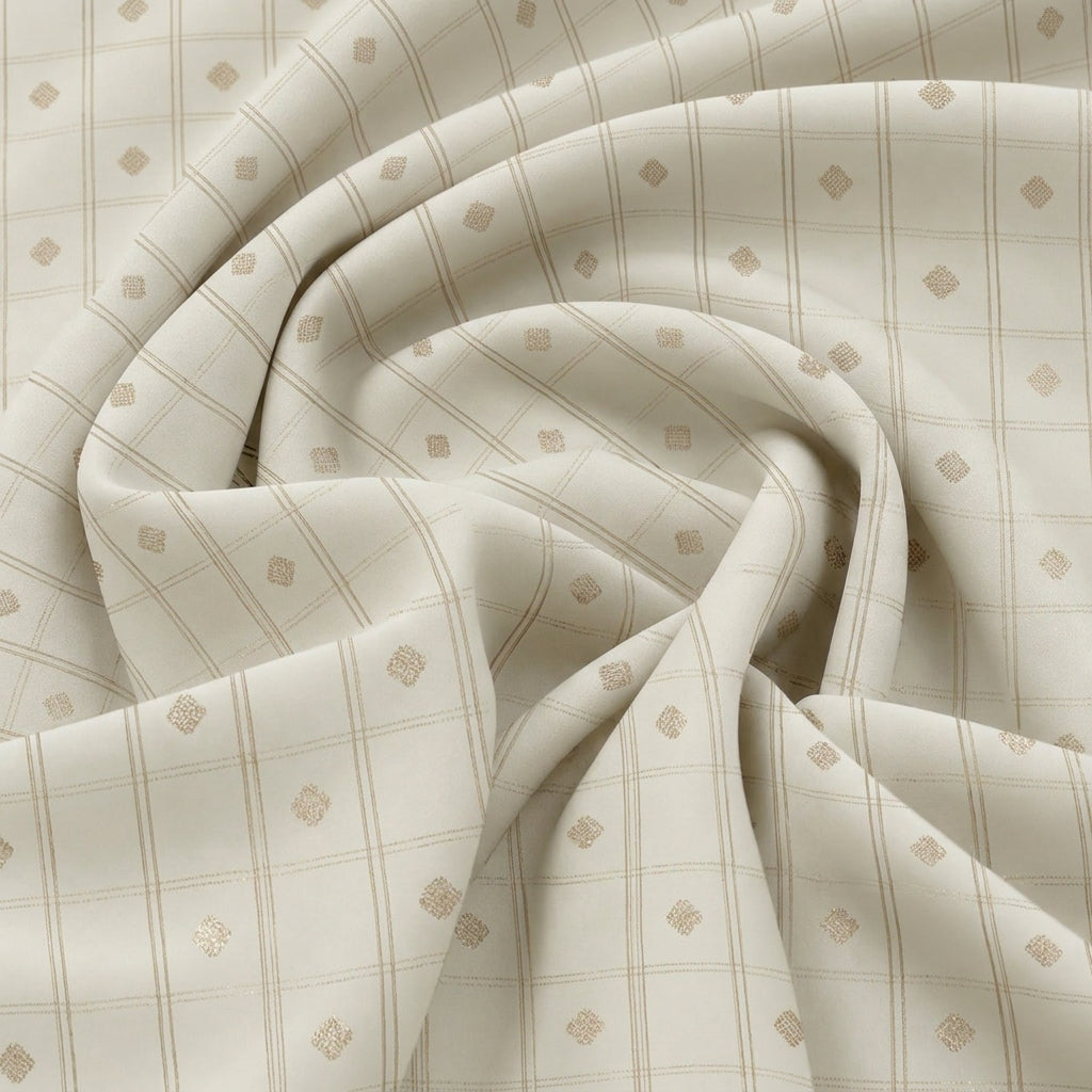 Swirled Cream Checked Semi Banaras Fabric Showing Zari Butta and Drape