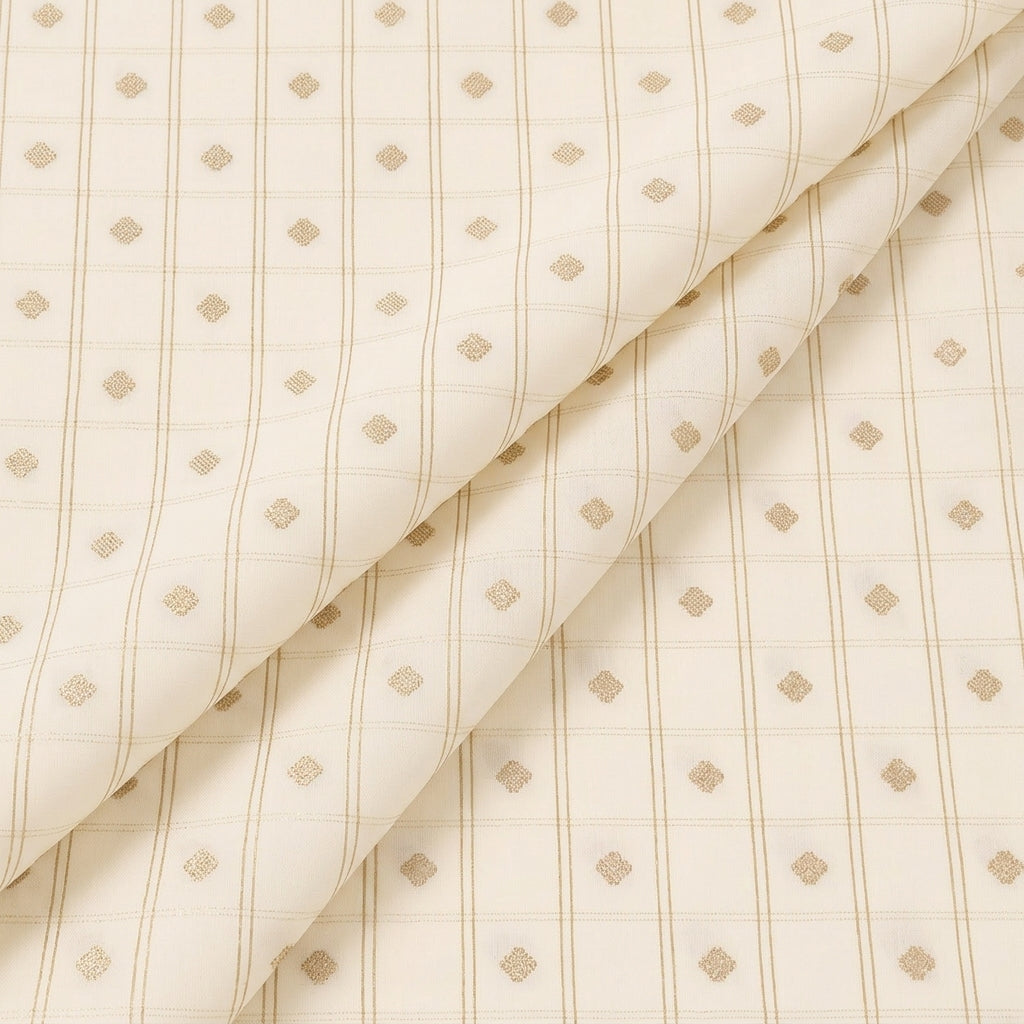 Cream Checked Semi Banaras Fabric, folded