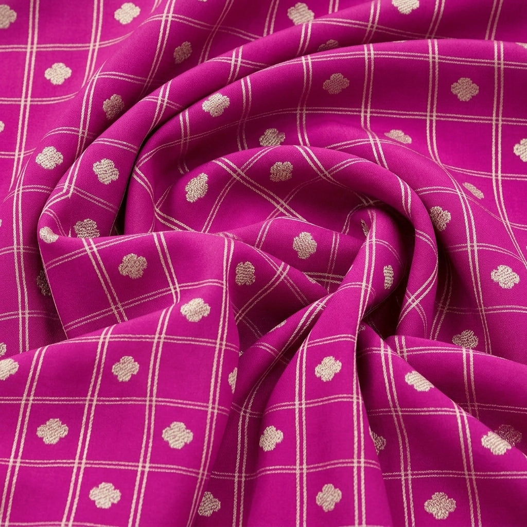 Swirled Rani Pink Checked Semi Banaras Fabric Showing Zari Butta and Drape