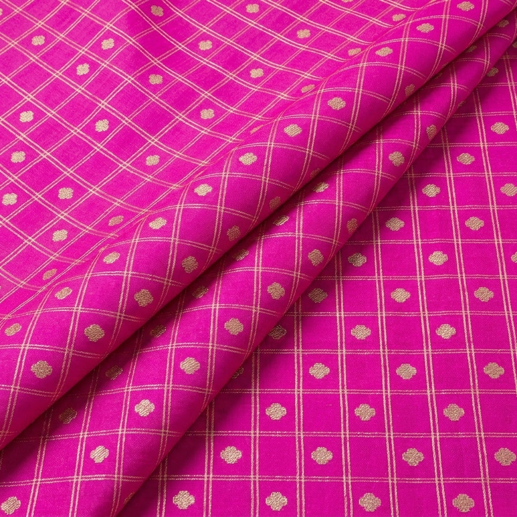 Rani Pink Checked Semi Banaras Fabric, folded