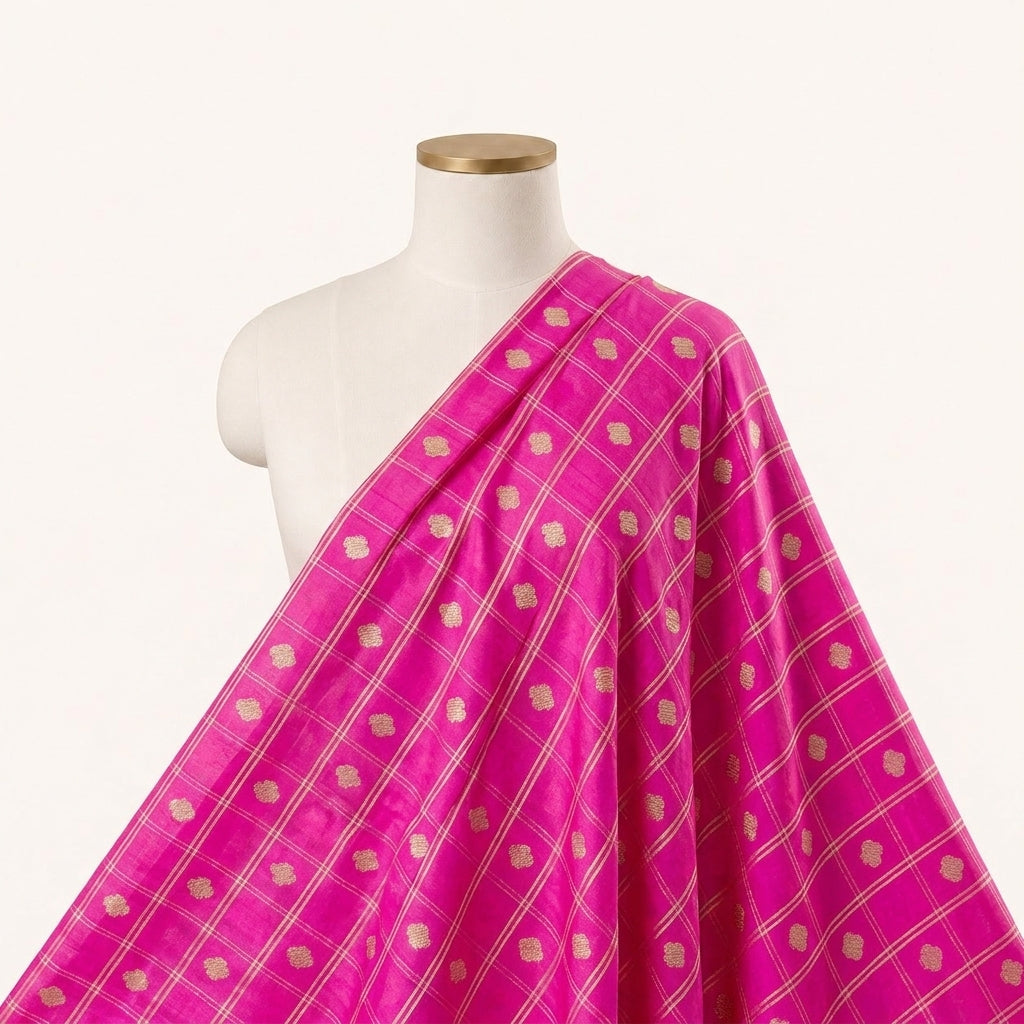 Rani Pink Checked Semi Banaras Fabric Draped as a saree