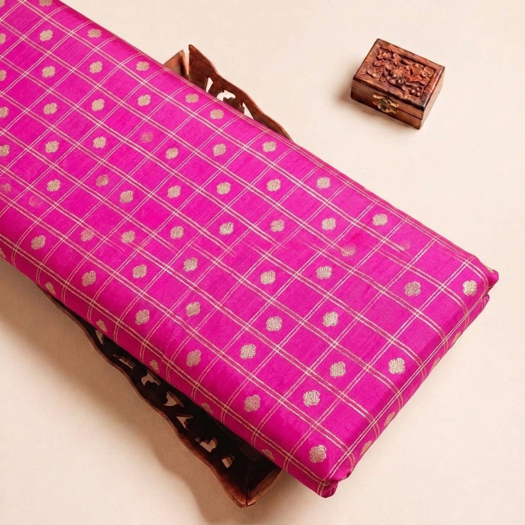 Rani Pink Checked Semi Banaras Fabric, folded