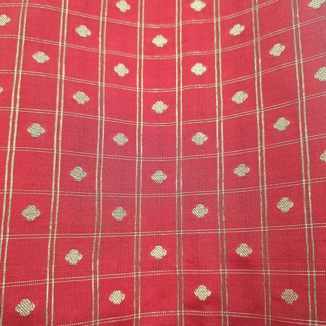 Red Checked Semi Banaras Fabric, laid flat