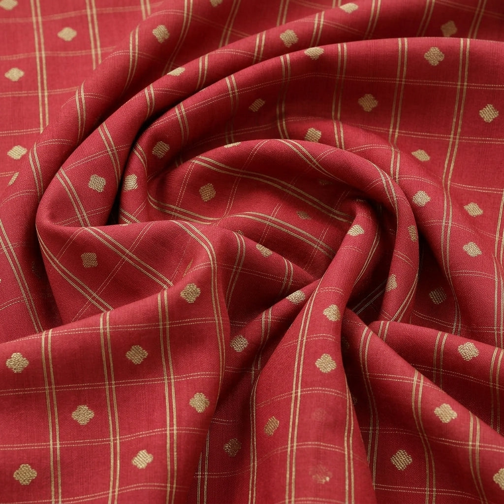 Swirled Red Checked Semi Banaras Fabric Showing Zari Butta and Drape