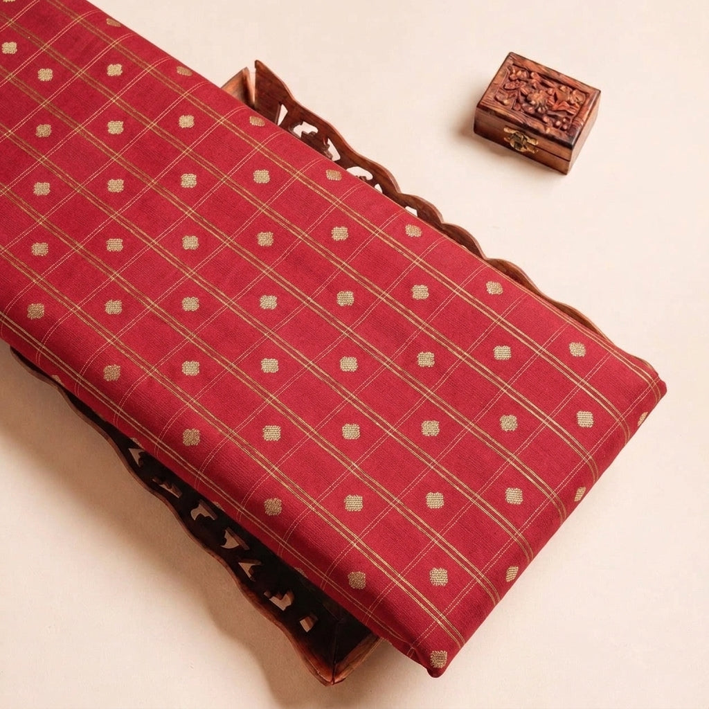 Folded Red Checked Semi Banaras Fabric Highlighting Zari Butta and Texture