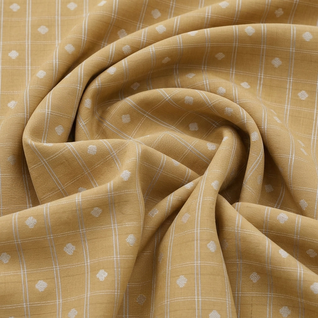 Swirled Gold Checked Semi Banaras Fabric Showing Zari Butta and Drape