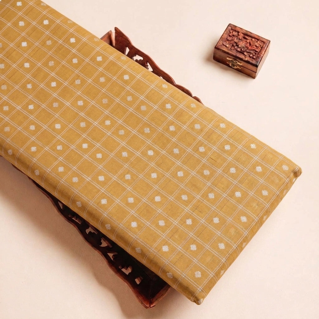 Folded Gold Checked Semi Banaras Fabric Highlighting Zari Butta and Texture