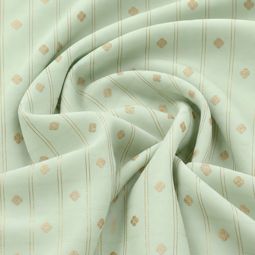 Swirled Mint Green Checked Semi Banaras Fabric Showing Zari Butta and Drape