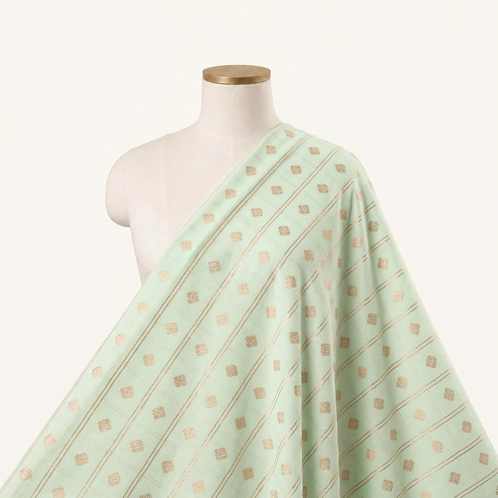 Mint Green Checked Semi Banaras Fabric Draped as a saree