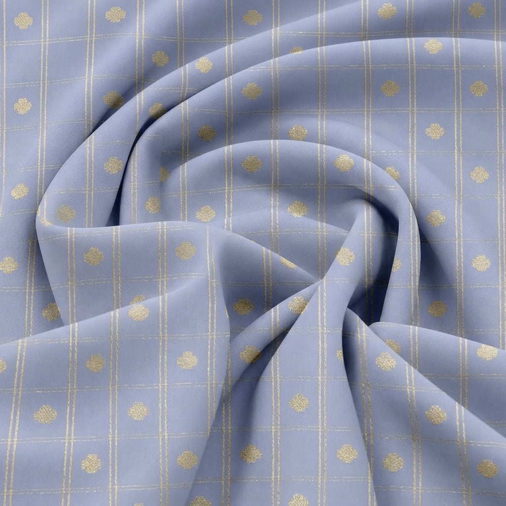 Swirled Light Blue Checked Semi Banaras Fabric Showing Zari Butta and Drape