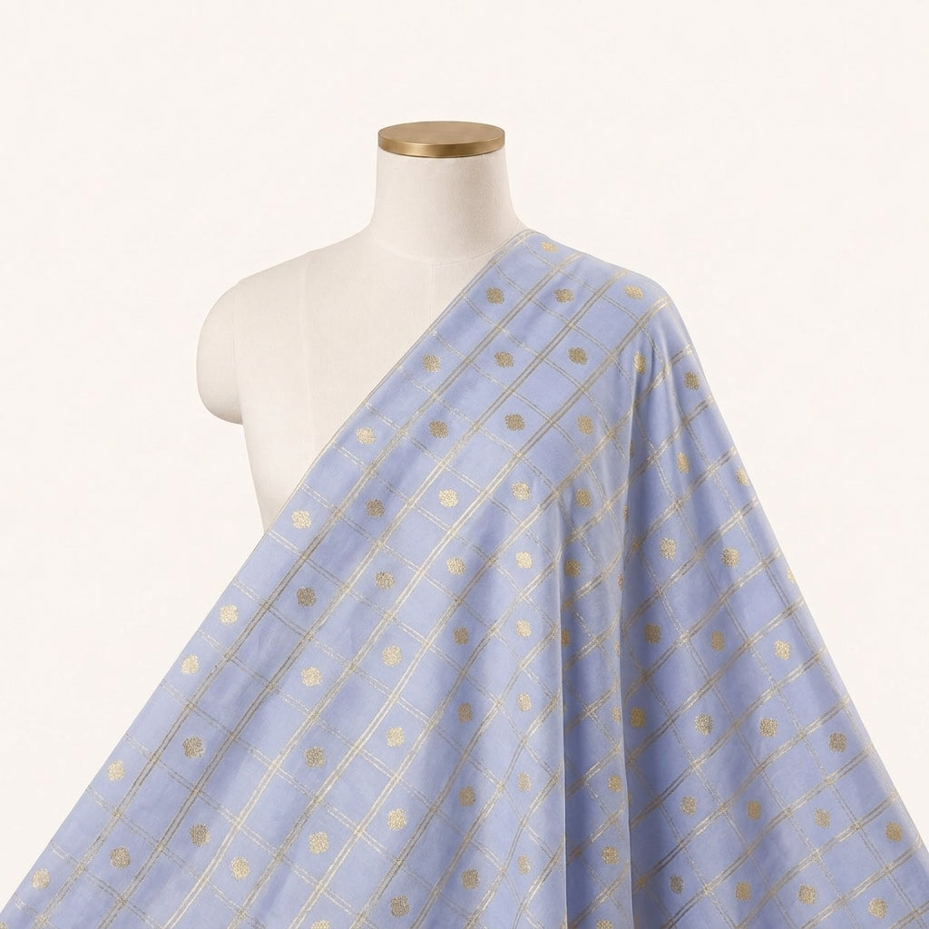 Light Blue Checked Semi Banaras Fabric Draped as a saree
