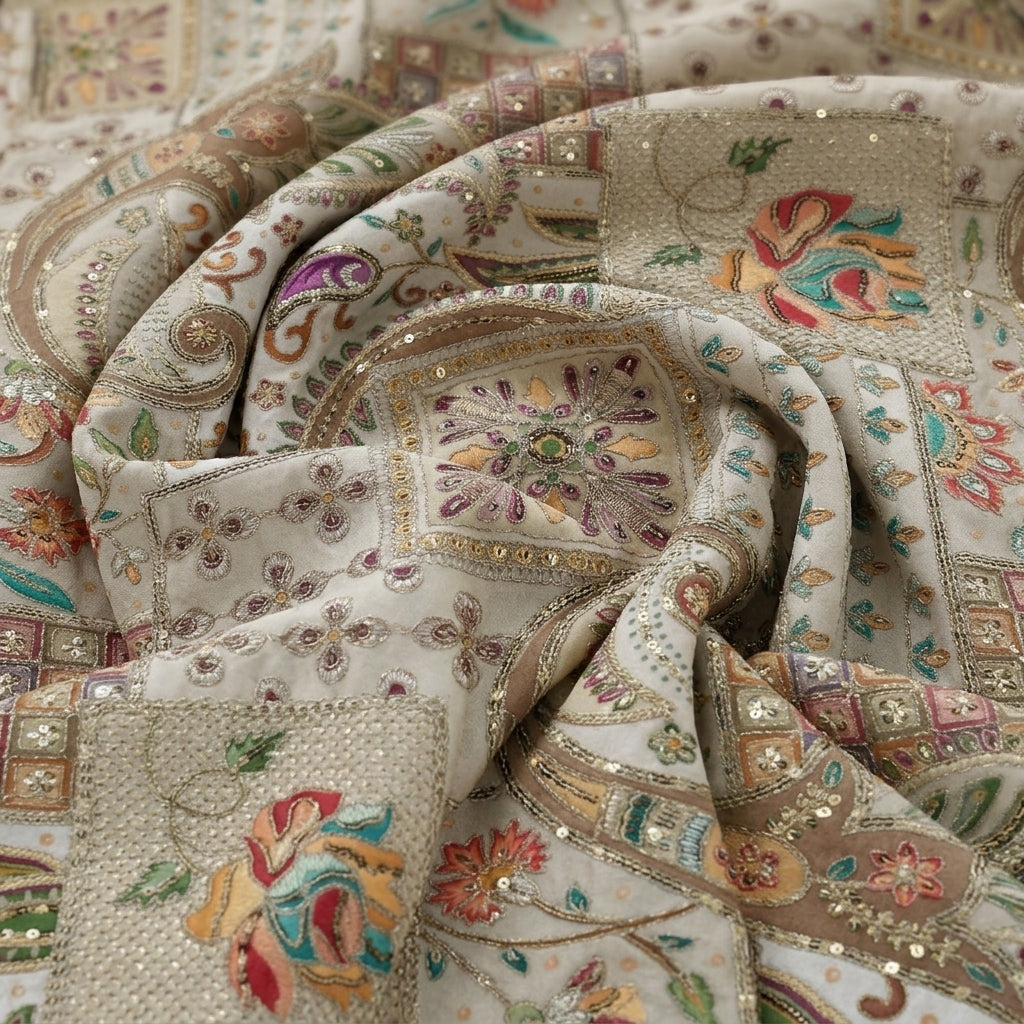White Embroidery Crepe Fabric, swirled to show the drape