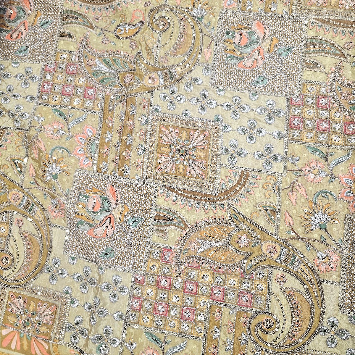 Gold Embroidery Crepe Fabric, laid flat