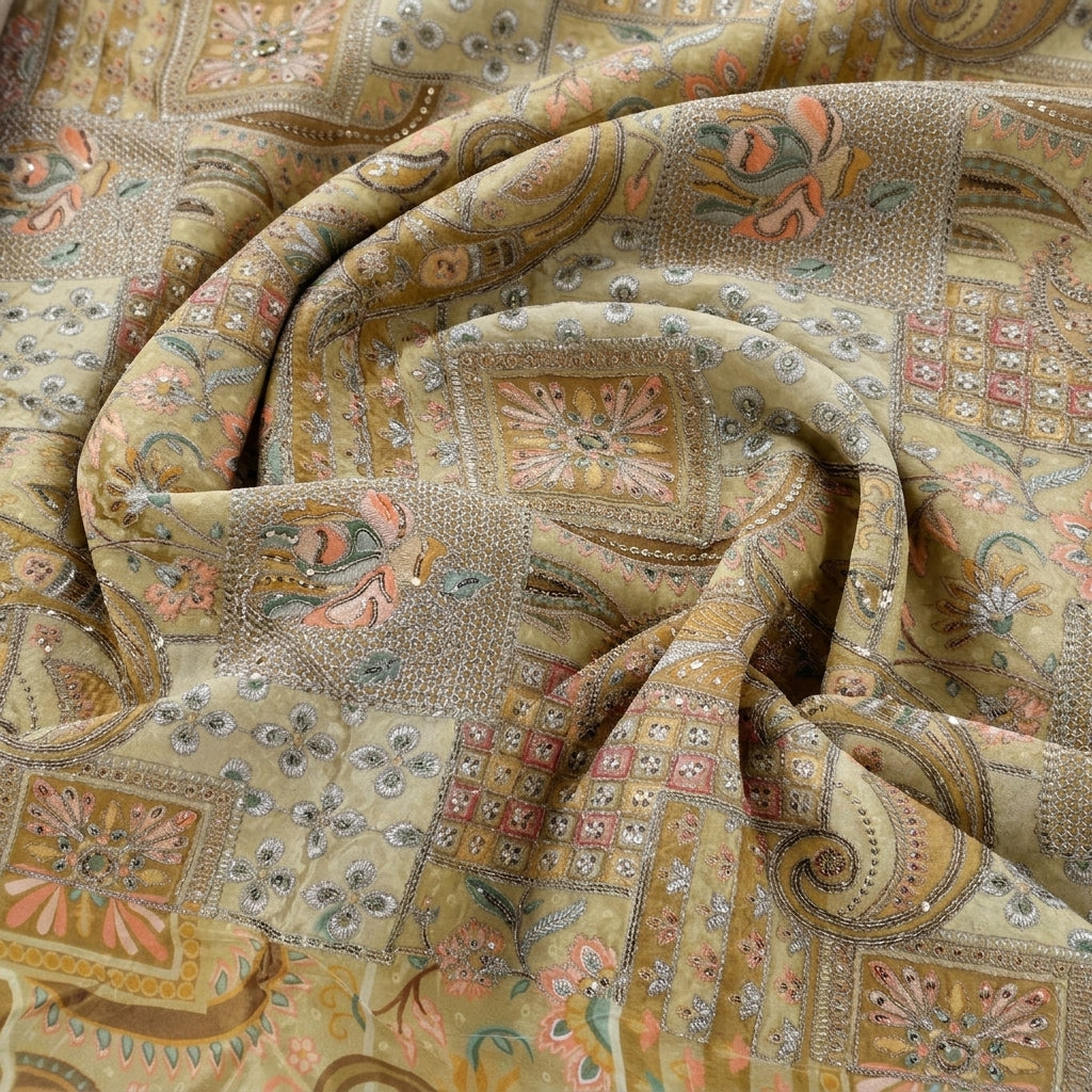 Swirled Gold Embroidery Crepe Fabric Showing Thread Work Stone Sequins and Drape