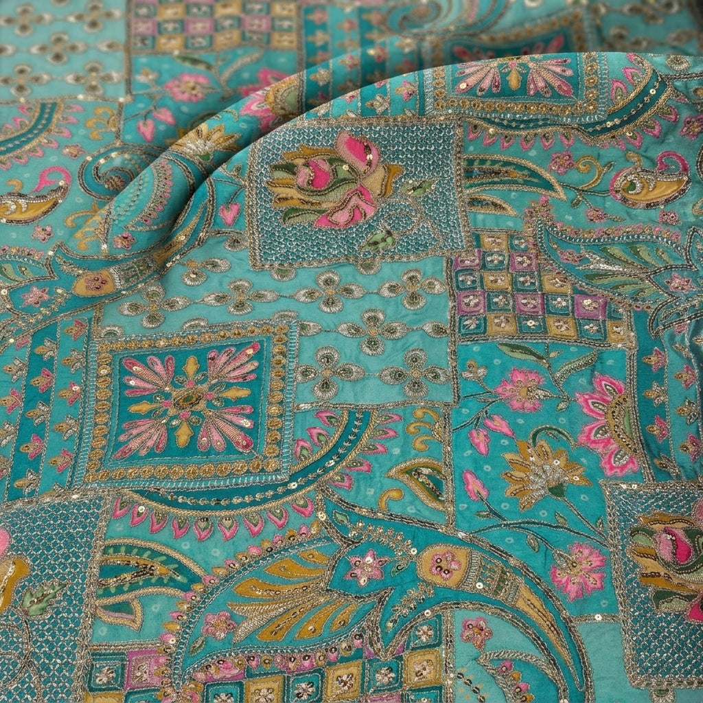 Green Embroidery Crepe Fabric, swirled to show the drape