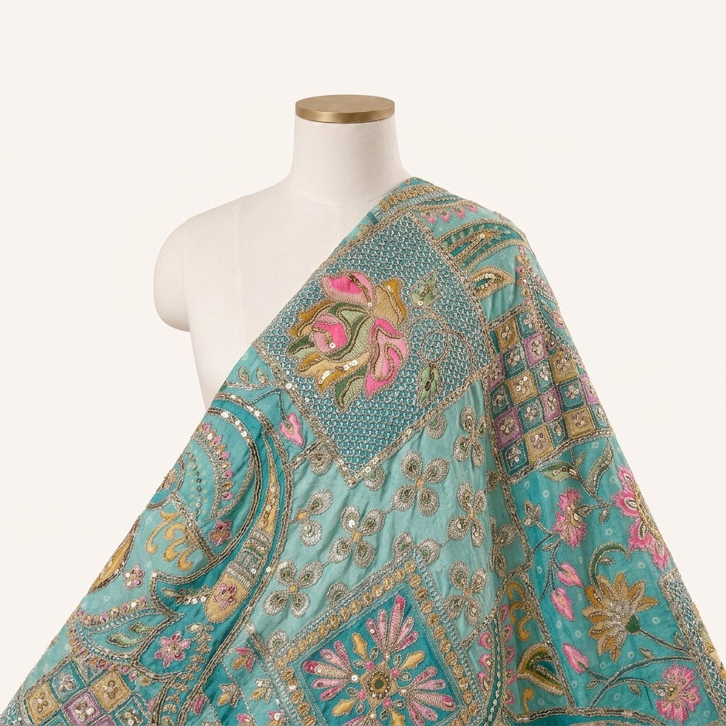 Green Embroidery Crepe Fabric Draped as a saree