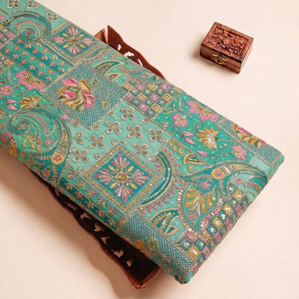 Green Embroidery Crepe Fabric, folded