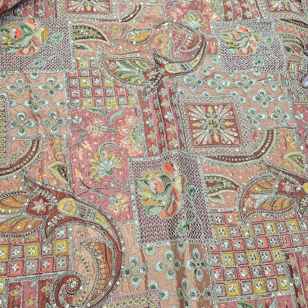 Brown Embroidery Crepe Fabric, laid flat