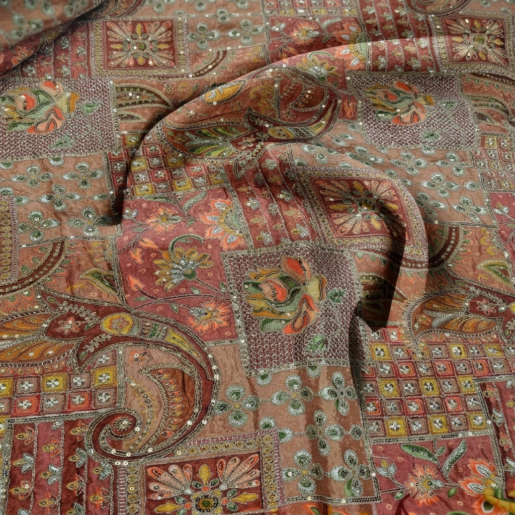 Swirled Maroon Embroidery Crepe Fabric Showing Thread Work Stone Sequins and Drape