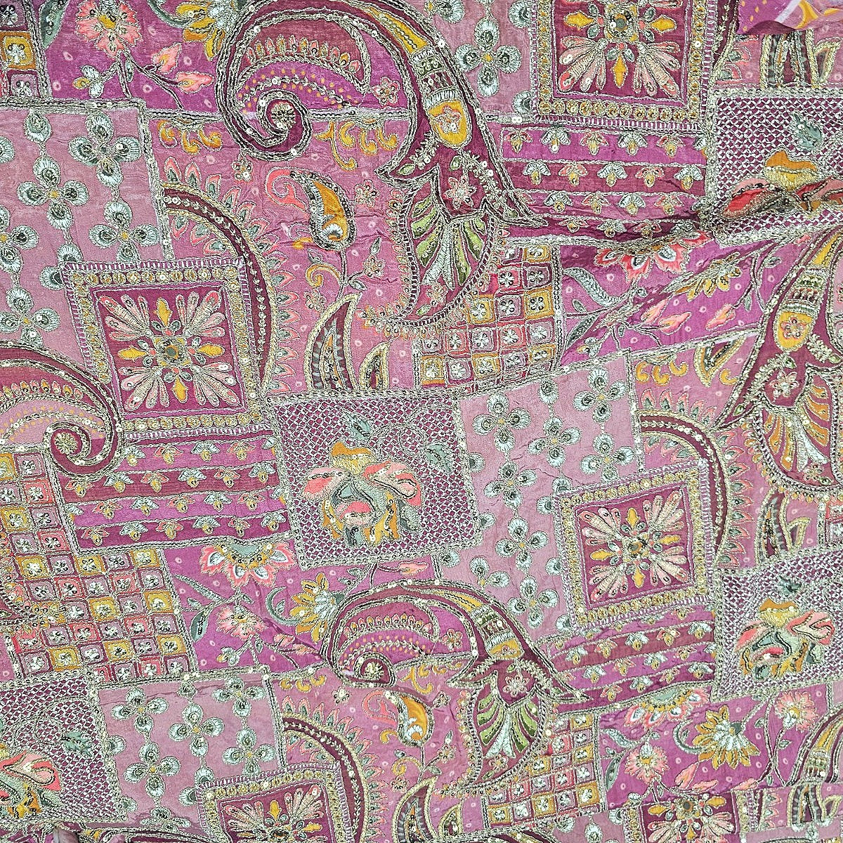 Pink Embroidery Crepe Fabric, laid flat