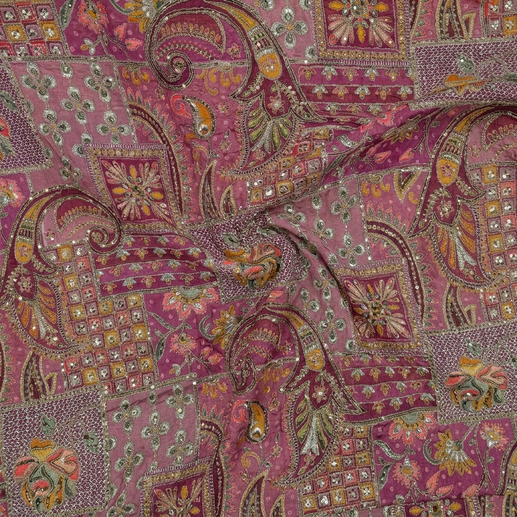 Swirled Pink Embroidery Crepe Fabric Showing Thread Work Stone Sequins and Drape