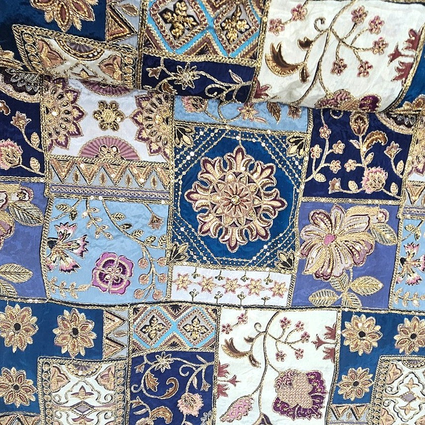 Blue Embroidery Crepe Fabric, laid flat