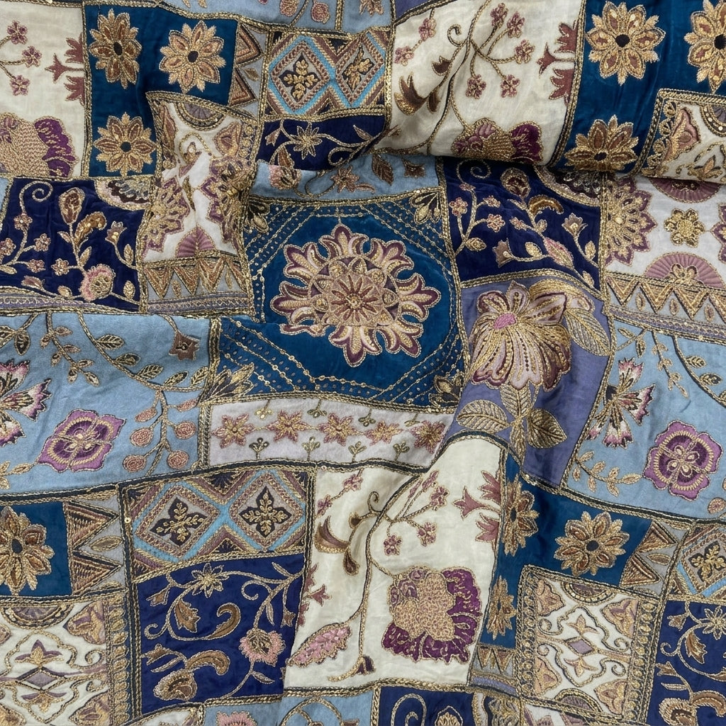 Blue Embroidery Crepe Fabric, swirled to show the drape