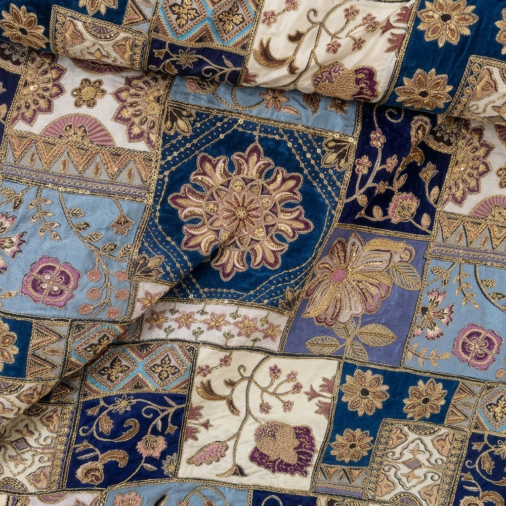 Folded Blue Embroidery Crepe Fabric