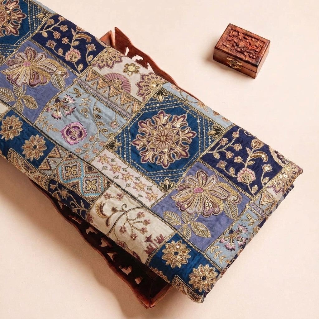 Folded Blue Embroidery Crepe Fabric Highlighting Thread Work Stone Sequins and Texture