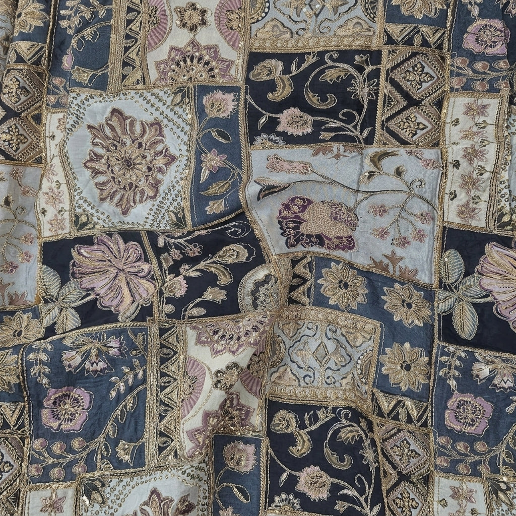 Swirled Light Blue Embroidery Crepe Fabric Showing Thread Work Stone Sequins and Drape