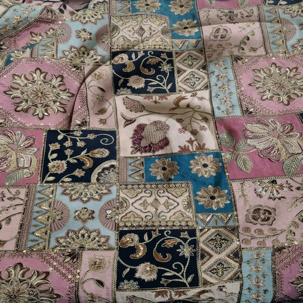 Swirled Pink Embroidery Crepe Fabric Showing Thread Work Stone and Drape