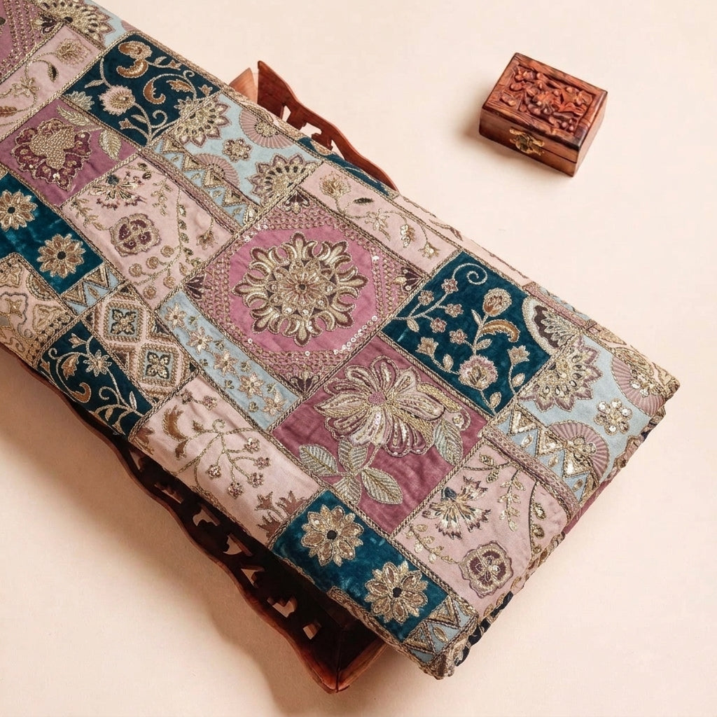 Folded Pink Embroidery Crepe Fabric Highlighting Thread Work Stone and Texture