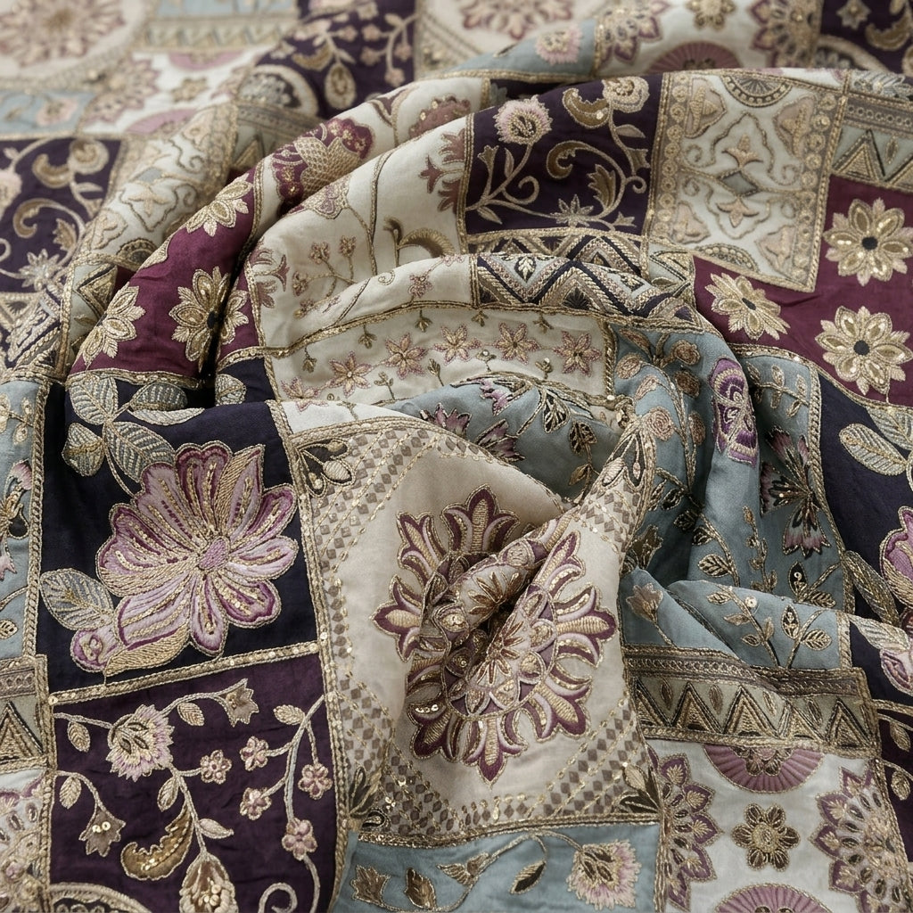 Swirled Maroon Embroidery Crepe Fabric Showing Thread Work Stone Sequins and Drape