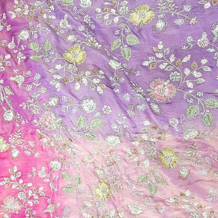 Purple Pink Multicolor Chinnon Fabric, laid flat