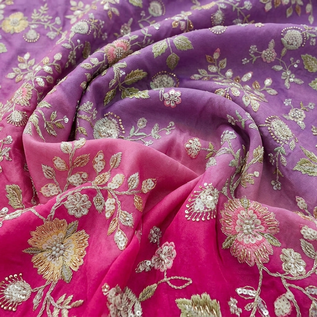 Swirled Multicolor Embroidery Chinnon Fabric Showing Thread Work Stone Sequins and Drape