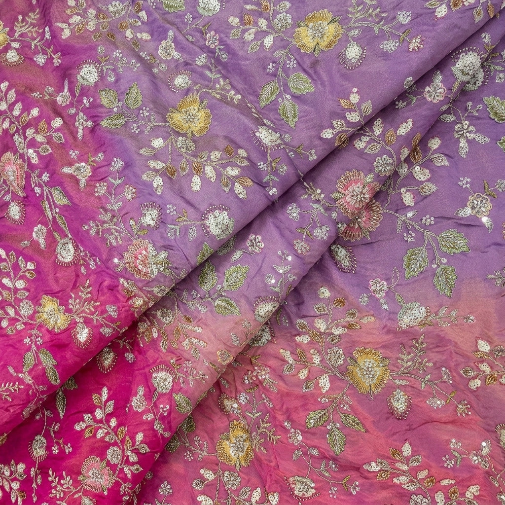 Folded Multicolor Embroidery Chinnon Fabric