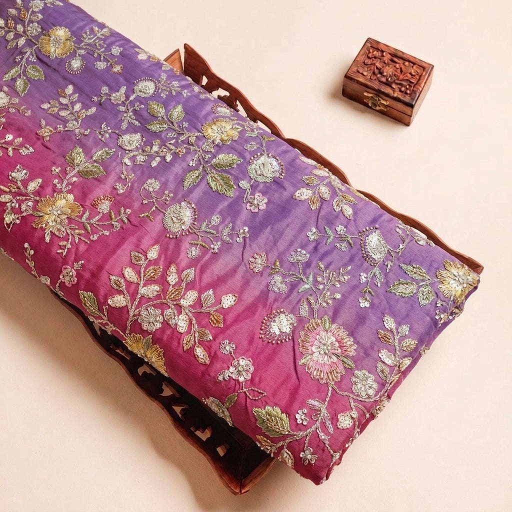 Folded Multicolor Embroidery Chinnon Fabric Highlighting Thread Work Stone Sequins and Texture