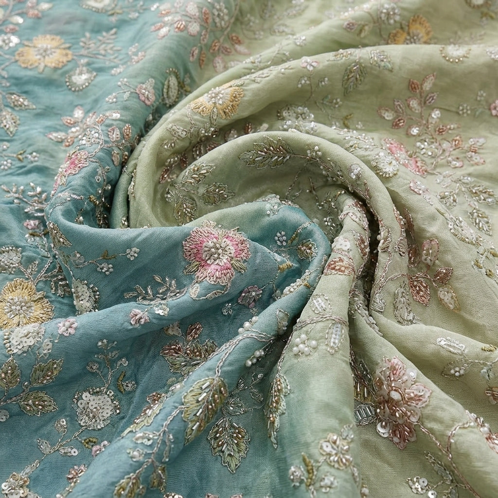 Swirled Multicolor Embroidery Chinnon Fabric Showing Thread Work Stone Sequins and Drape