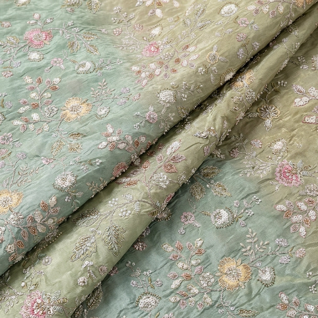 Folded Multicolor Embroidery Chinnon Fabric