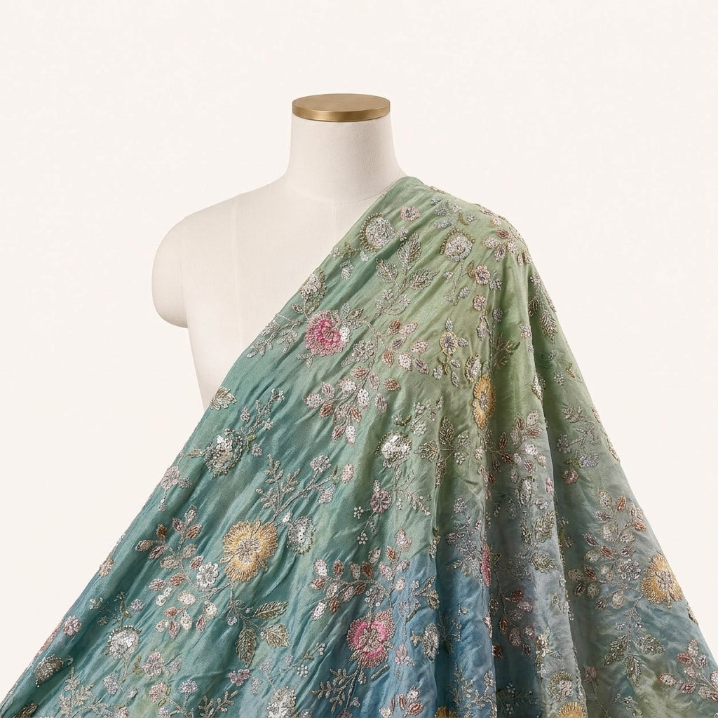 Multicolor Embroidery Chinnon Fabric Draped as a saree